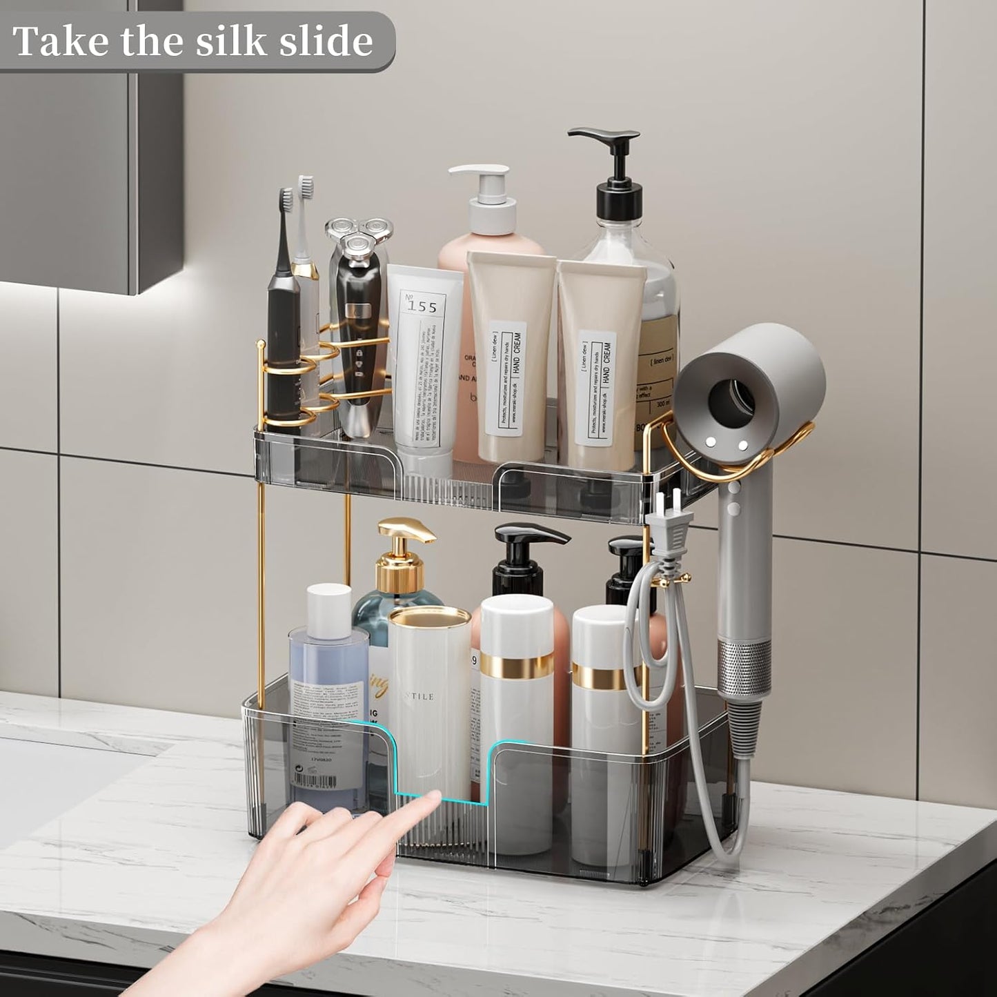 YCIA&DONE Bathroom Counter Organizer, Large Makeup Organizer Countertop, Shelf Storage, Vanity Tray, Easily Assemble for Bathroom Organizers and Storage, Undersink, Cabinet, 2 Tiers Grey