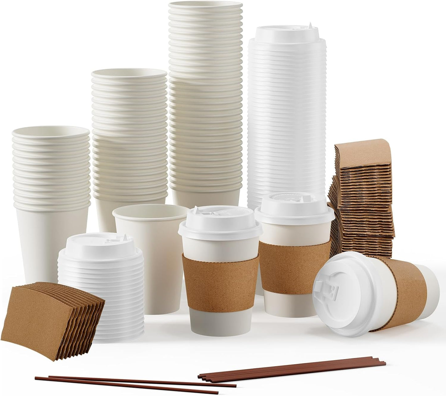 JOLLY PARTY [50 Pack] 12 oz Paper Coffee Cups, Disposable Paper Coffee Cup with Lids, Sleeves, and Stirrers, Hot/Cold Beverage Drinking Cup for Water, Juice or Tea, Suitable for Home, Shops and Cafes