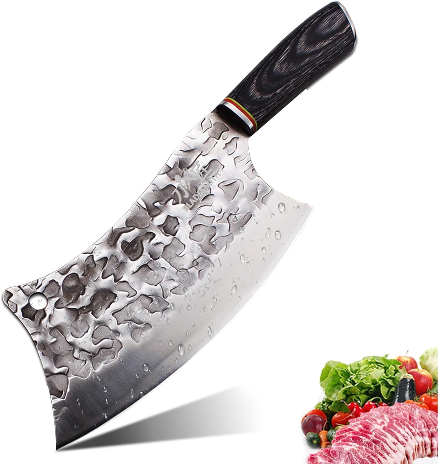 BLADESMITH Butcher Knife 8“, Forged Meat Cleaver Kitchen Knives, Curved High Carbon Steel Blade, PakaWood Handle, for Slicing and Cutting