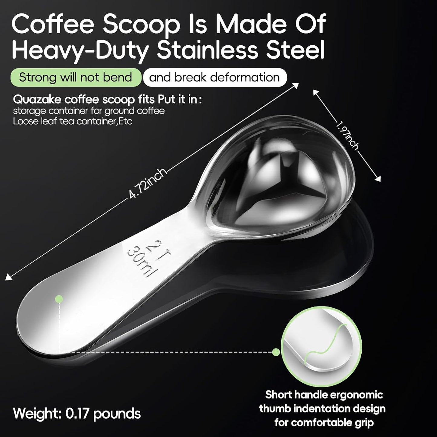 Coffee Scoop set,1&2Tablespoon Measuring spoon (2pieces) Ergonomic sdesign stainless steel manufacture,Coffee Scoop for Ground Coffee, Fits inside Airscape Canisters. (1TBSP&2TBSP(15ML&30ML))