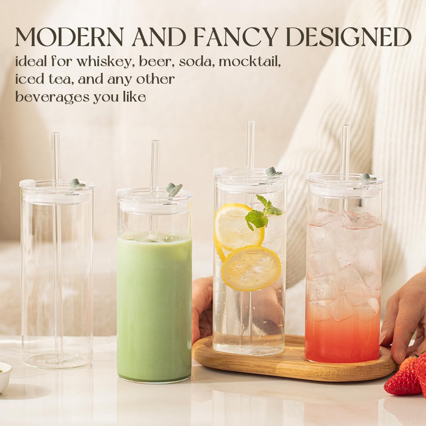 KEMORELA 6-Pack 18oz Large Round Glass Cups with Lids & Straws – Clear Tumblers for Iced Coffee, Juice, Smoothies – Reusable, Leakproof Beverage Set