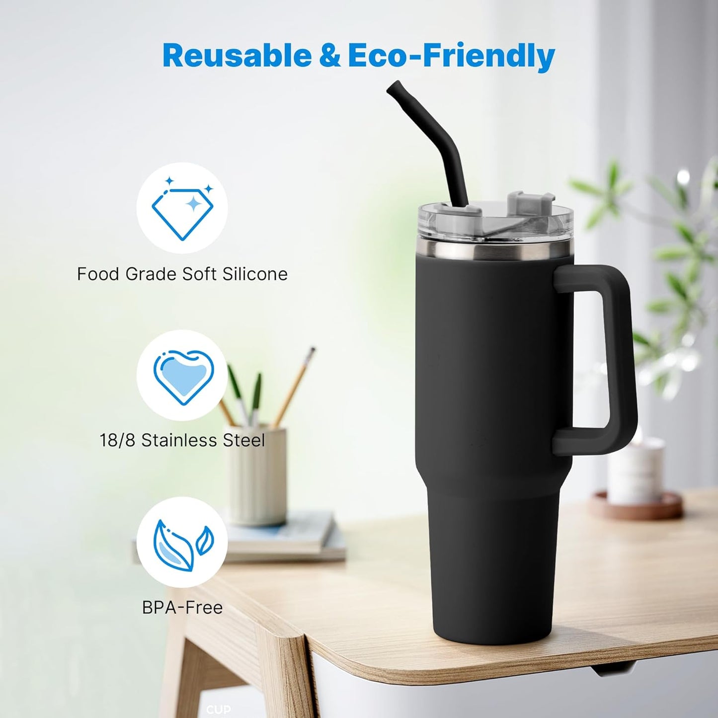 Metal Straw with Silicone Tip for 40oz Stanley Cup, 2 Pcs Stainless Steel Straws Replacement for Stanley 40 oz Adventure Quencher Travel Tumbler Cup, 1 Straw Brush (Black)