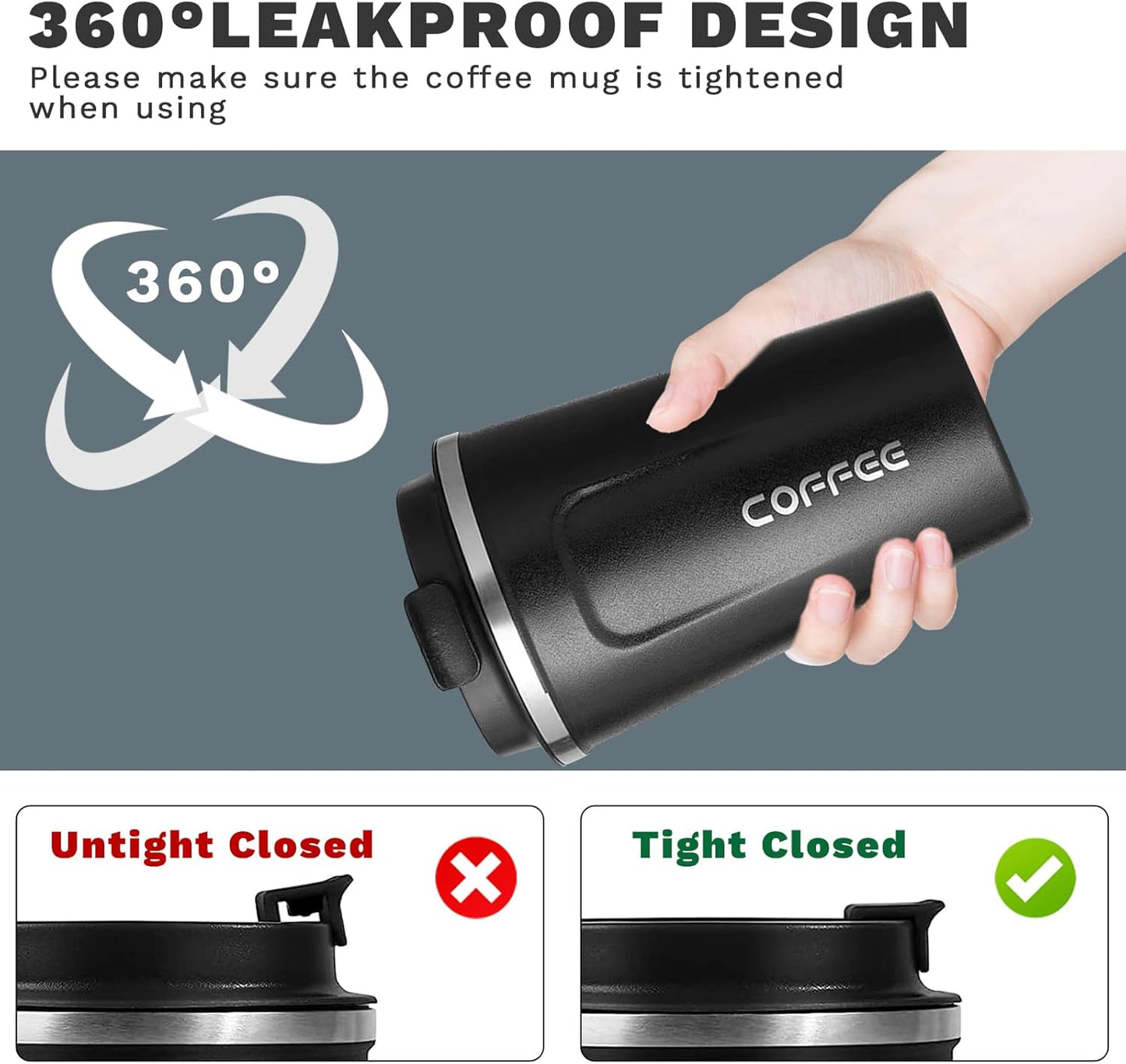 YINBAOGE Insulated Travel Coffee Mug Spill Proof Leak Proof Pobtable To Go Camping Stainless Steel Coffee Tumbler Reusable Coffee Cups with Lids Thermos for Hot and Cold Drink (2nd-Black, 17 OZ)