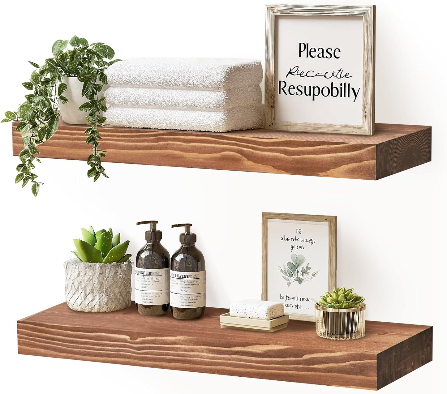 17x8x1.6 inch Floating Shelves Set of 2 – Solid Wood Rustic Brown Wall Mounted Shelf for Kitchen, Bathroom, Living Room