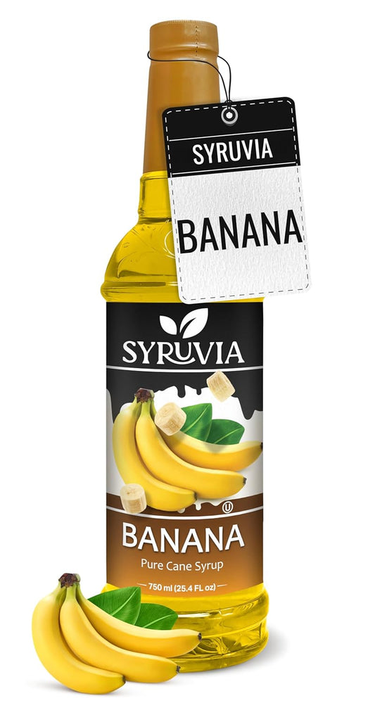 Syruvia Banana Flavored Syrup - 25.4 fl oz - Kosher Flavored Syrups, Gluten Free, No Coloring, Perfect for Drinks, Soda, Shakes, Cocktails, Desserts, and More.