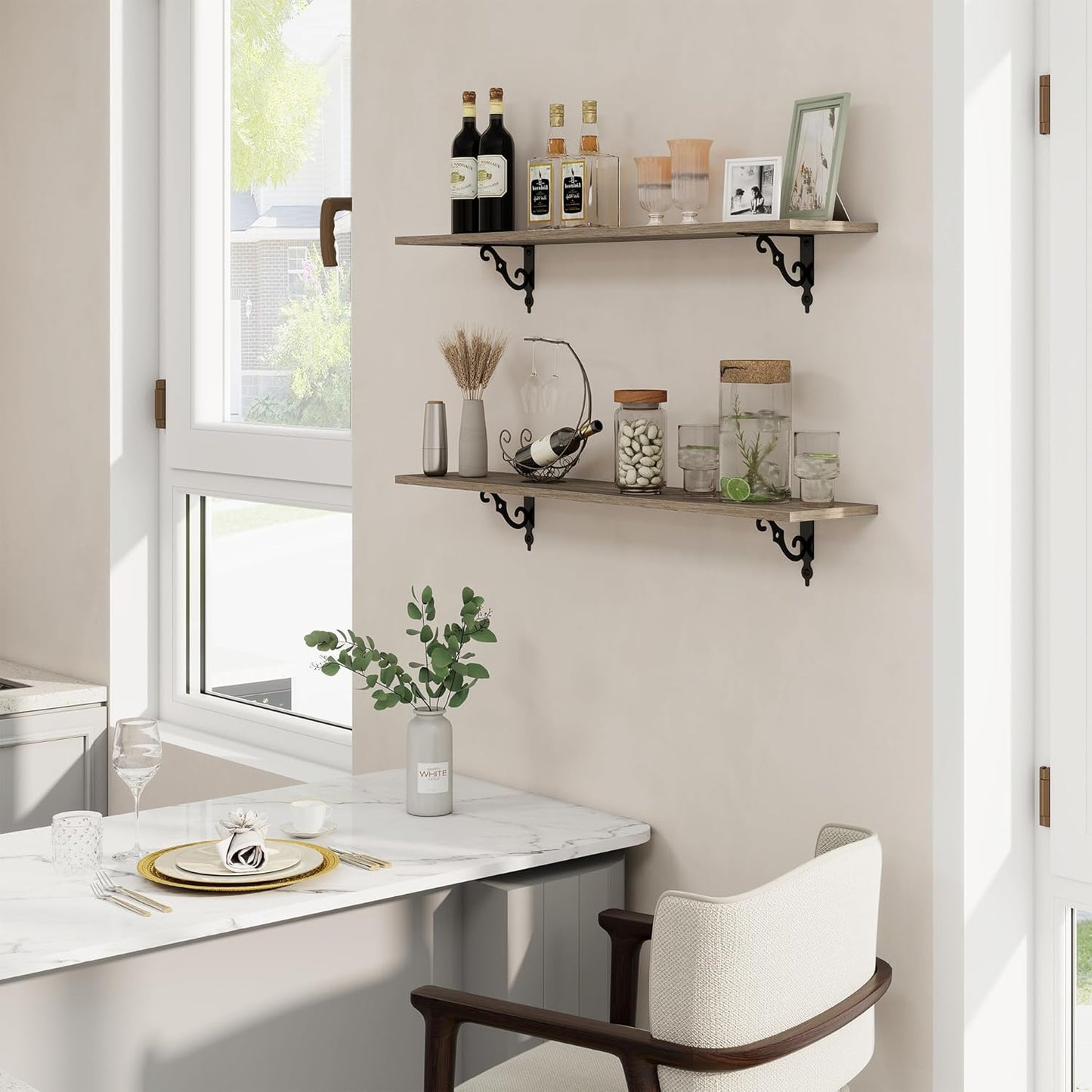 RICHFOCUS Floating Shelves for Wall Decor, 39.4W x 8D Wall Shelves Set of 2, 8 Inch Deep Rustic Wood Shelves Wall Mounted with Brackets, Long Floating Shelves for Living Room Bedroom Kitchen, Grey