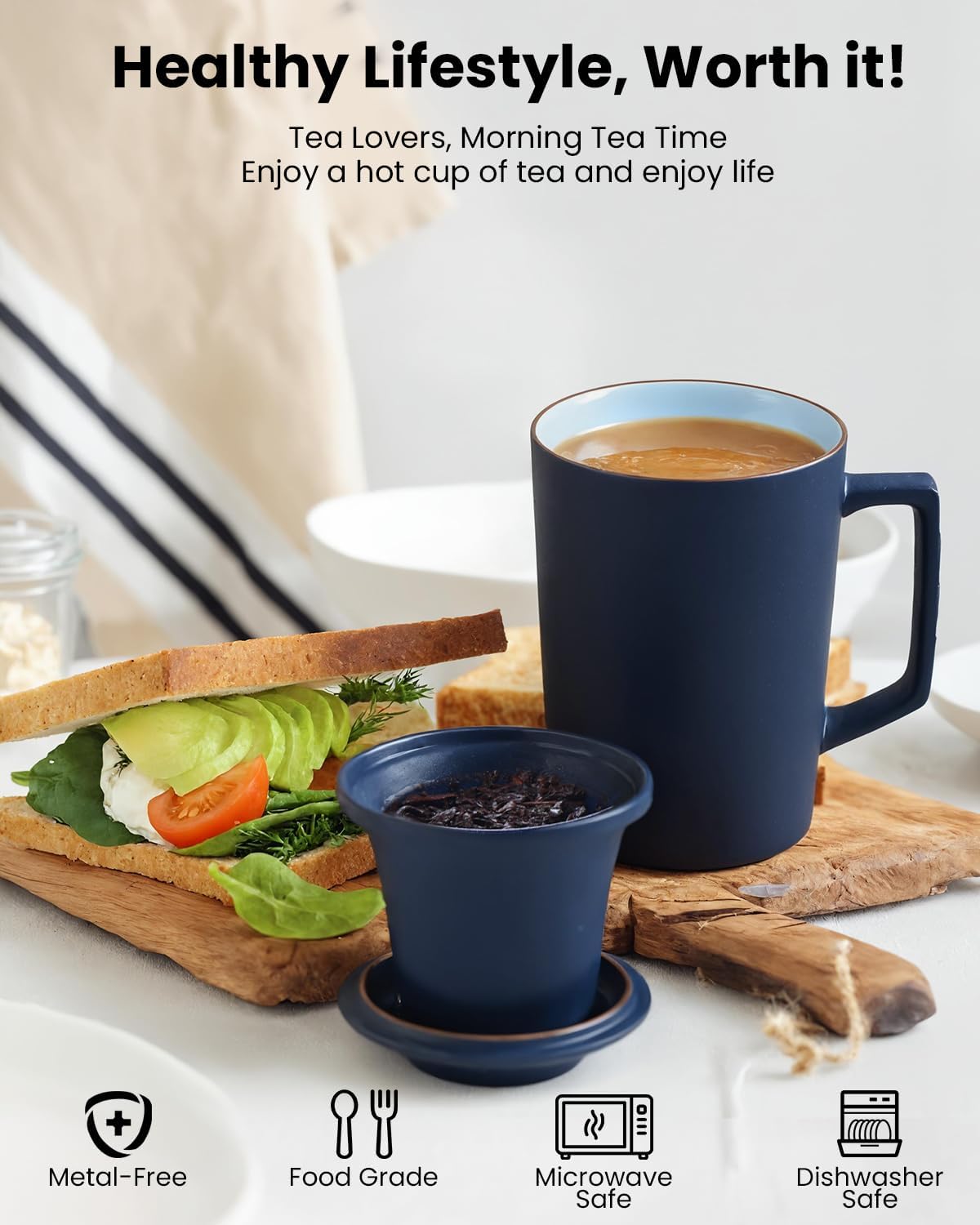 15 OZ Porcelain Tea Infuser Cup with Lid,Ceramic Tea Mug with All-Porcelain Strainers for Loose Leaf Teas,Microwave and Dishwasher Safe Coffee Mug,Metal-Free,BPA-Free,Gifts for Tea-Lover (Blue)