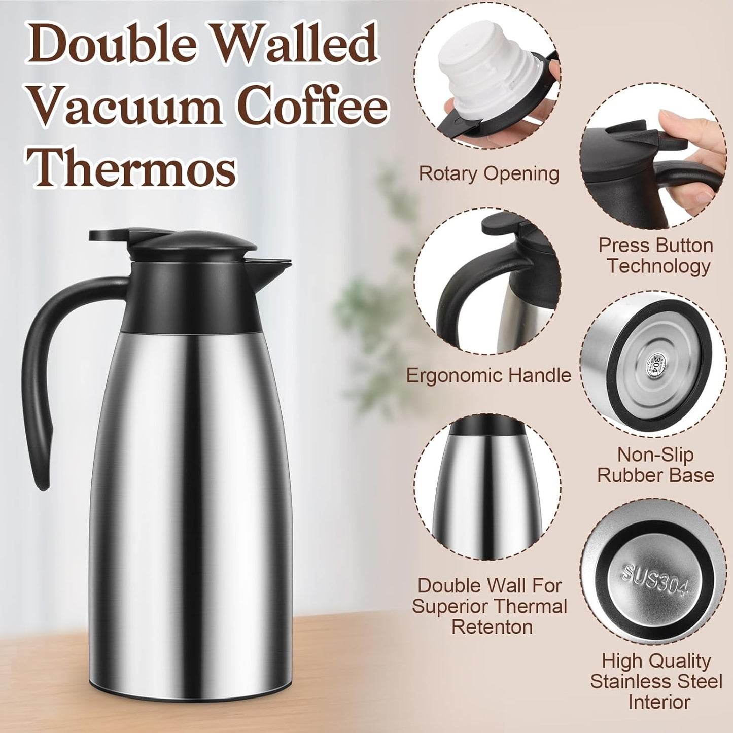 1 PCS 68 OZ Thermal Coffee Carafe, Insulated Stainless Steel Coffee Carafe Double Walled Vacuum Thermal Pot Flask with Brushes Thermos for Keeping Hot Coffee Tea Home and Office (Silver)