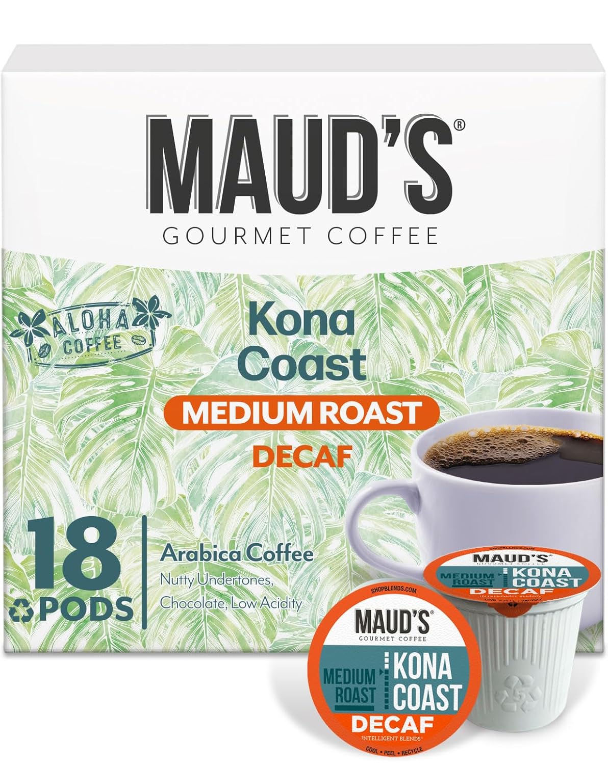 Maud's Decaf Kona Coffee Pods, 18 ct, Decaffeinated Medium Roast Coffee in Recyclable Single Serve Pods – 100% Arabica Coffee, Compatible with Keurig K Cups Maker