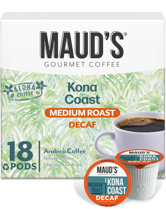 Maud's Decaf Kona Coffee Pods, 18 ct, Decaffeinated Medium Roast Coffee in Recyclable Single Serve Pods – 100% Arabica Coffee, Compatible with Keurig K Cups Maker