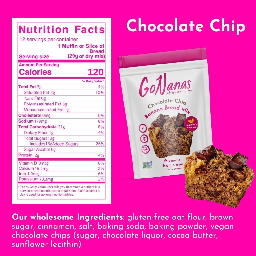GoNanas Chocolate Chip Oat Flour Banana Bread Mix, Suitable for Plant Based Vegan Diets, Gluten Free Dairy Free Snacks, Healthy Snacks For Adults, Muffin Mix, Nut Free, Cupcakes Dessert, NON-GMO, 1pk