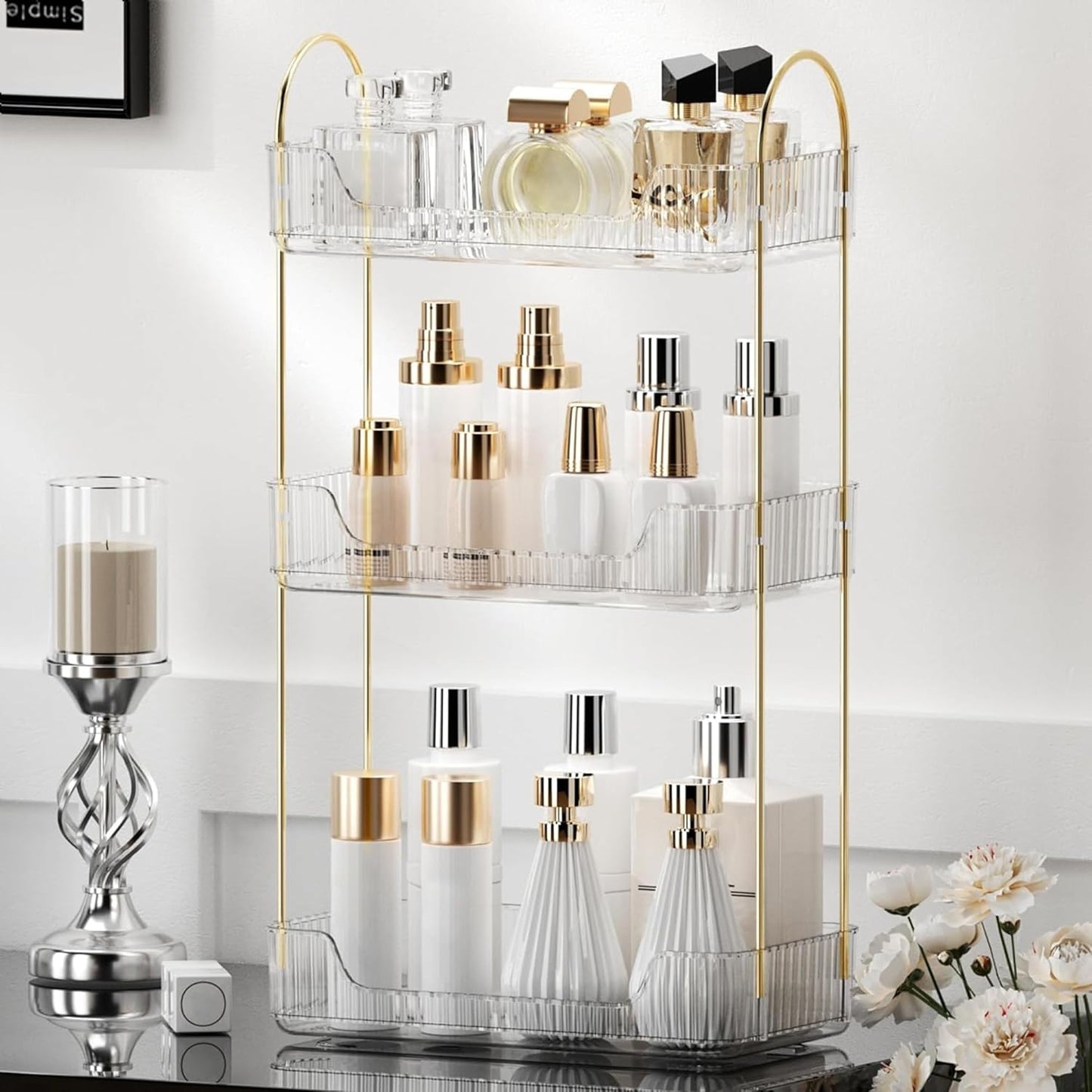 YCIA&DONE Bathroom Organizer Countertop, Makeup Storage, Skincare Cosmetic Tray Shelf, Perfume Holder Rack for Vanity Counter, Large Capacity, Easy to Install, Clean, 3 Tiers, Clear White