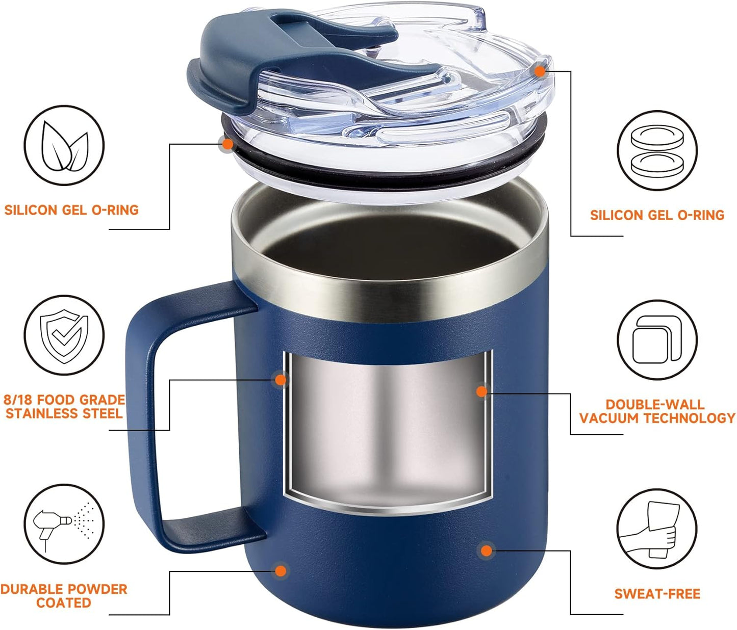 ALOUFEA 12oz Stainless Steel Insulated Coffee Mug with Handle, Double Wall Vacuum Tumbler Cup with Fliping Lid, Navy, 2 Pack