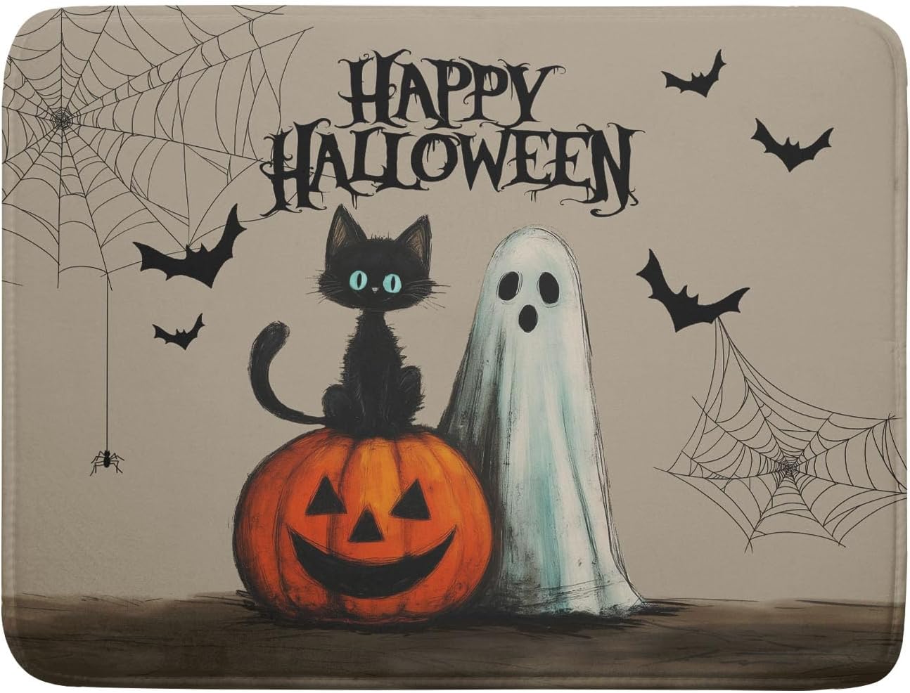 Happy Halloween Black Cat Ghost Dish Drying Mat for Kitchen Counter,Halloween Pumpkin Spiderweb Bat Drying Mat 18 x 24 Inch with High Absorbent Microfiber Drainer Mat for Coffee Bar
