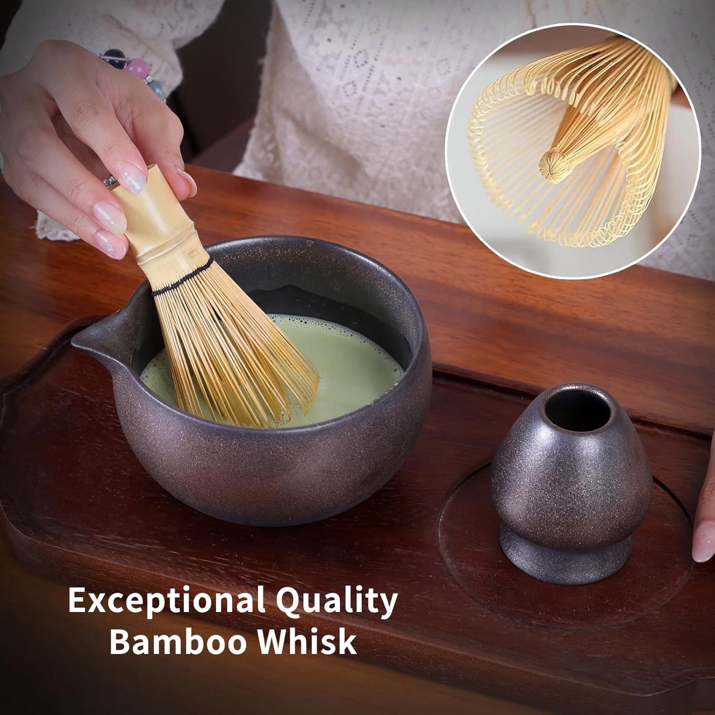 Japanese Matcha Whisk Set - 6-Piece Kit with Bamboo Chasen, Matcha Ceramic Bowl with Spout, Stainless Steel Sifter Gold Black