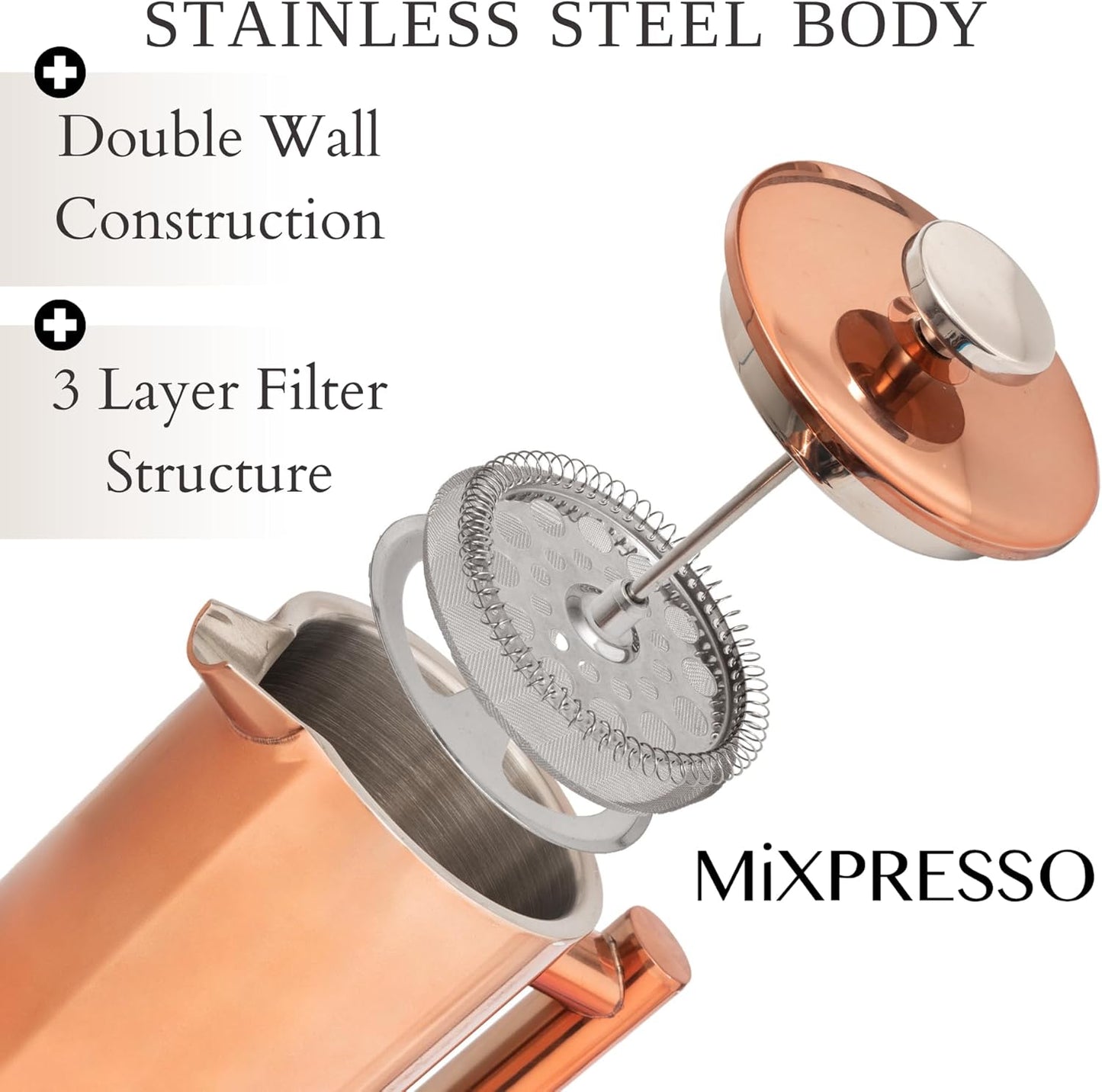 Mixpresso Stainless Steel French Press Coffee Maker 26 Oz 770 ml, Double Wall Insulated French Press Stainless Steel, Easy Clean Tea Brewer, Easy Press Durable Metal Coffee Press