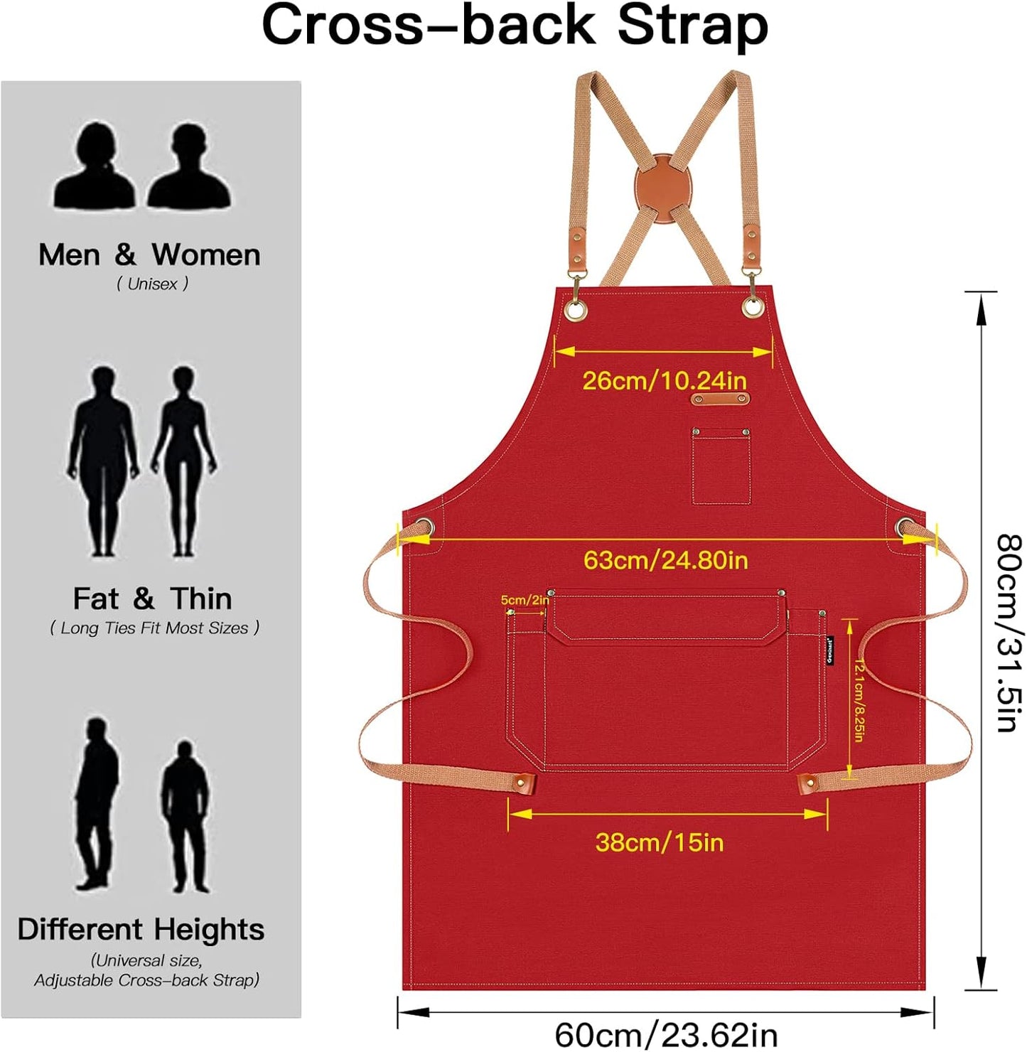 Genixart Chef Apron for Men Women with Gift Box Pack, Cross Back Apron with Pockets for Kitchen Cooking Baking Artist Painting, Cotton Canvas Work Aprons for Shop, Garden, Restaurant, Cafe (Red)