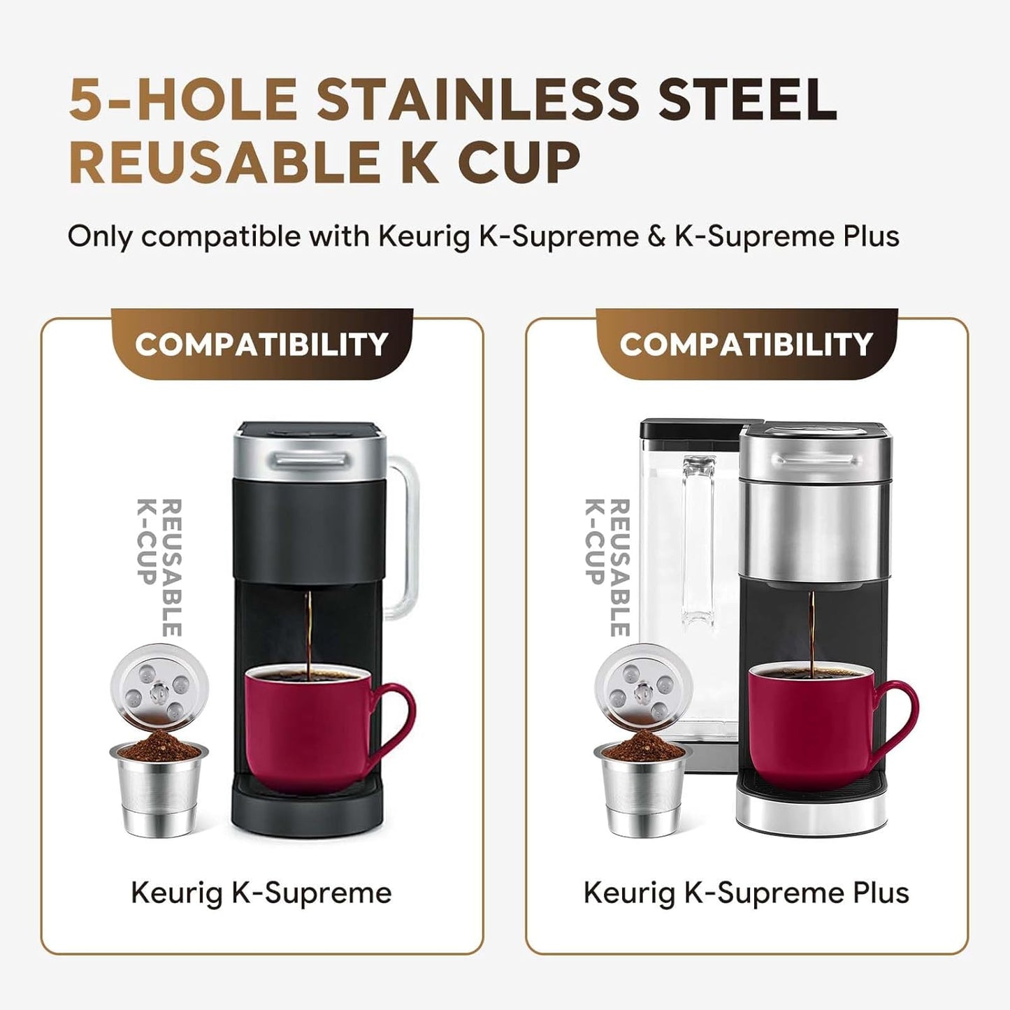 Stainless Steel Reusable K Cups for K-Supreme & K-Supreme Plus, Reusable K Cups Five Hole Universal K-eurig Refillable Coffee Pod Filter (4 Pack)