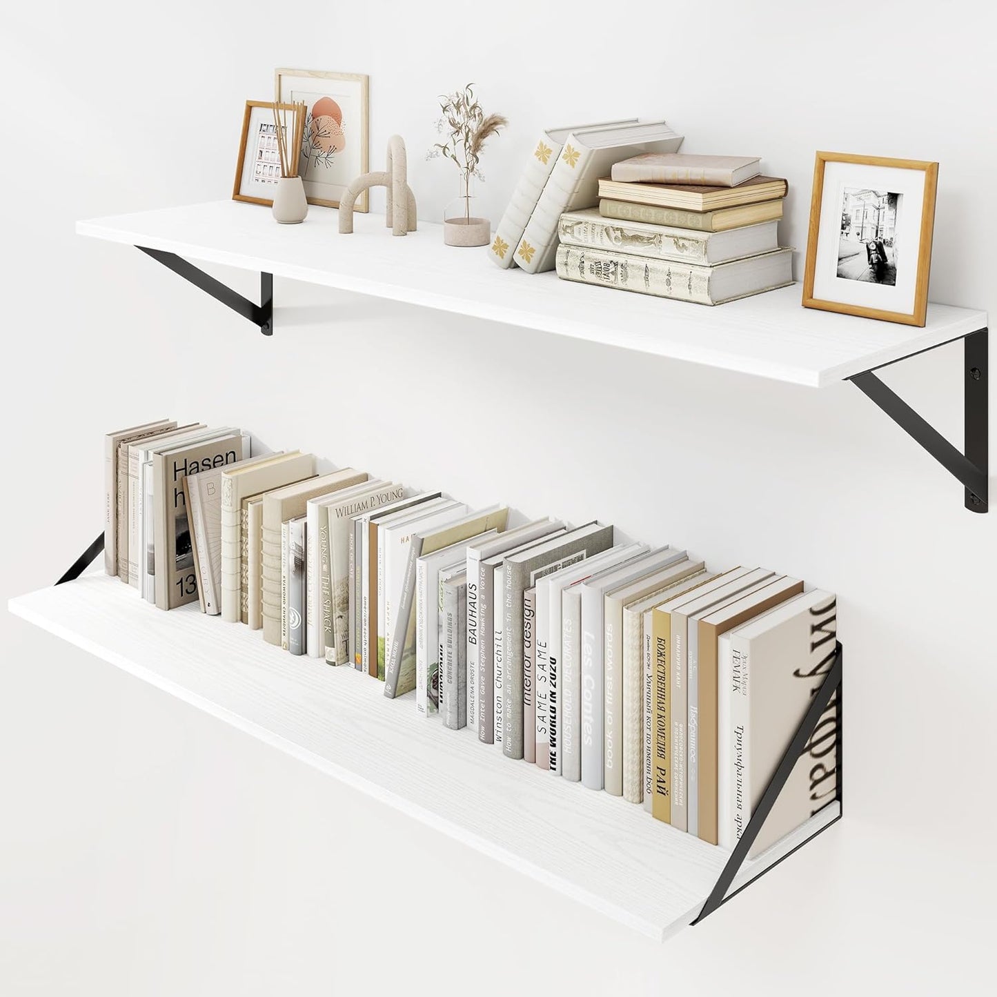 Heimlove White Deep Floating Shelves for Wall, 36W x 8D Wood Wall Shelves Set of 2, Wide Floating Bookshelf for Living Room, Kitchen, Office, Bedroom and Decor Storage, with Black Bracket - White