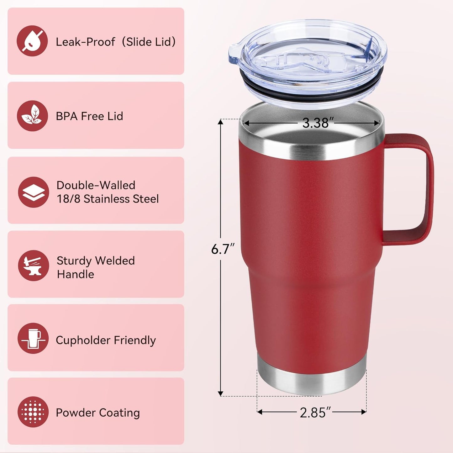 HASLE OUTFITTERS 20oz Tumbler Bulk with Lid, Stainless Steel Tumbler Bulk with Handle, Metal Insulated Travel Coffee Mug Set with Handle, Double Wall Vacuum Leak Proof Tumbler Cup, Red 6 Pack