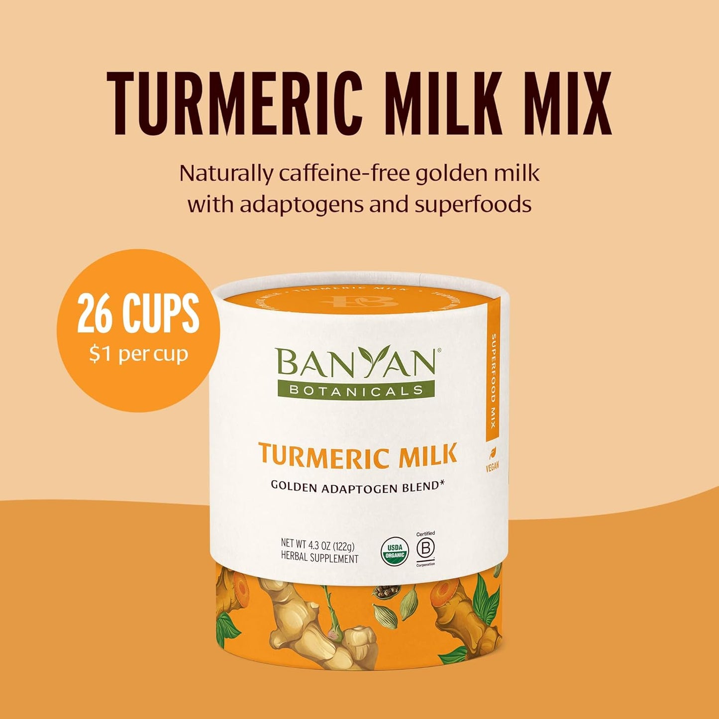 Banyan Botanicals Turmeric Milk – Organic Turmeric Latte Mix with Ashwagandha & Cardamom – Instant Caffeine Free Golden Milk with Maple Sugar – 4.3 oz, 26 servings –Non GMO Sustainably Sourced Vegan