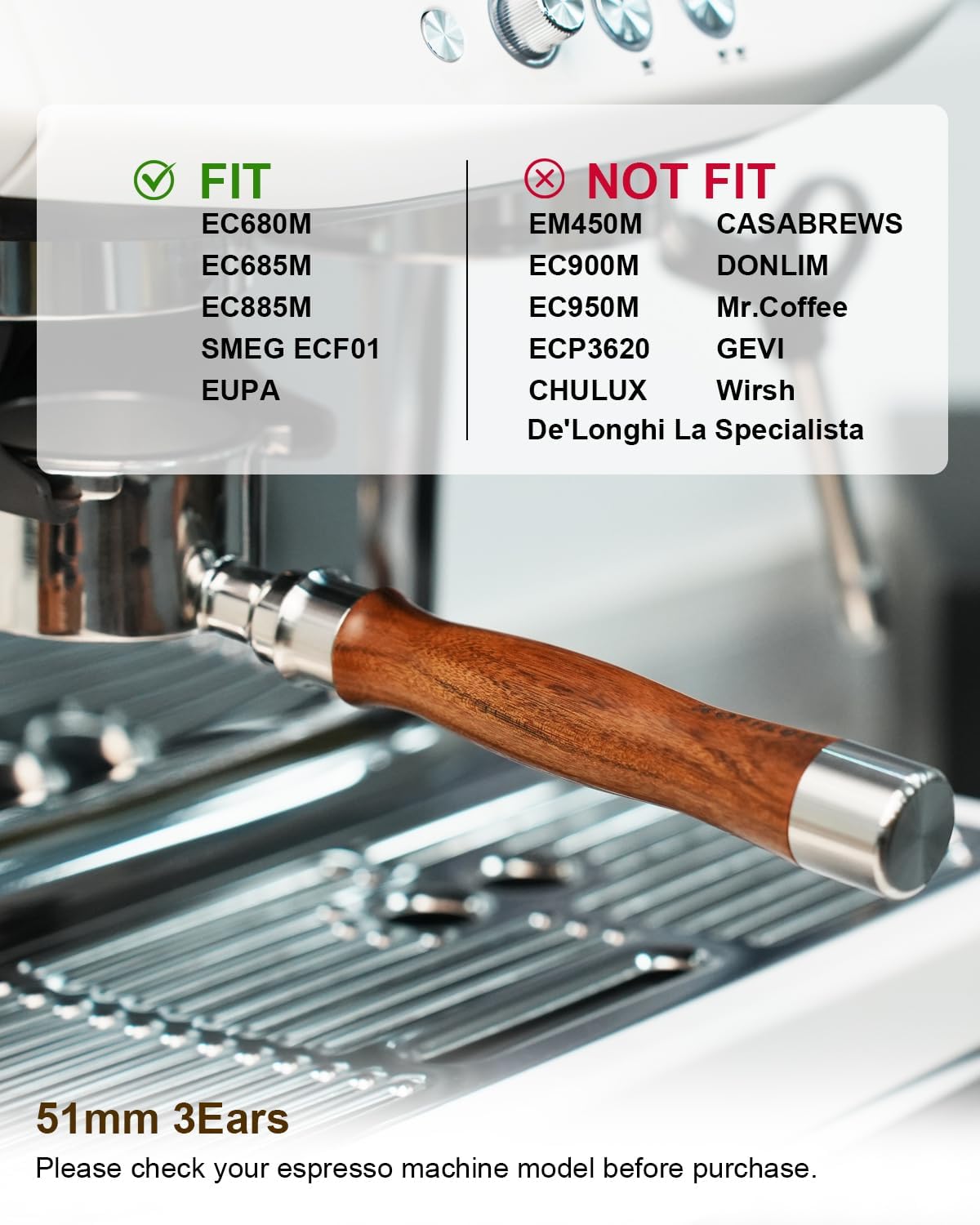 51mm Bottomless Portafilter 3 Ears Compatible with Delonghi Dedica EC680/EC685/EC885 and SMEG, EUPA Espresso Machines, Espresso Naked Bottomless Portafilter with Puck Screen and 18g Filter Basket-Wood