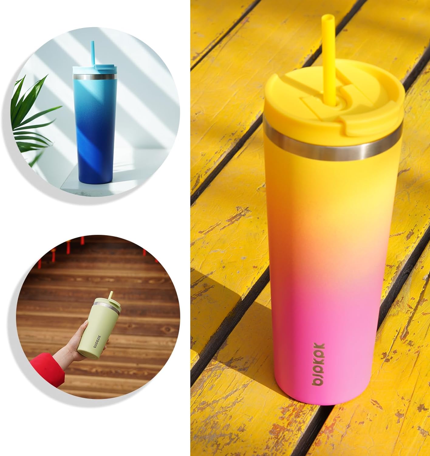 BJPKPK 34oz Stainless Steel Insulated Tumbler With lid And Straw Travel Coffee Thermal Tumblers Cup For Women And Men,Pink Yellow Rose
