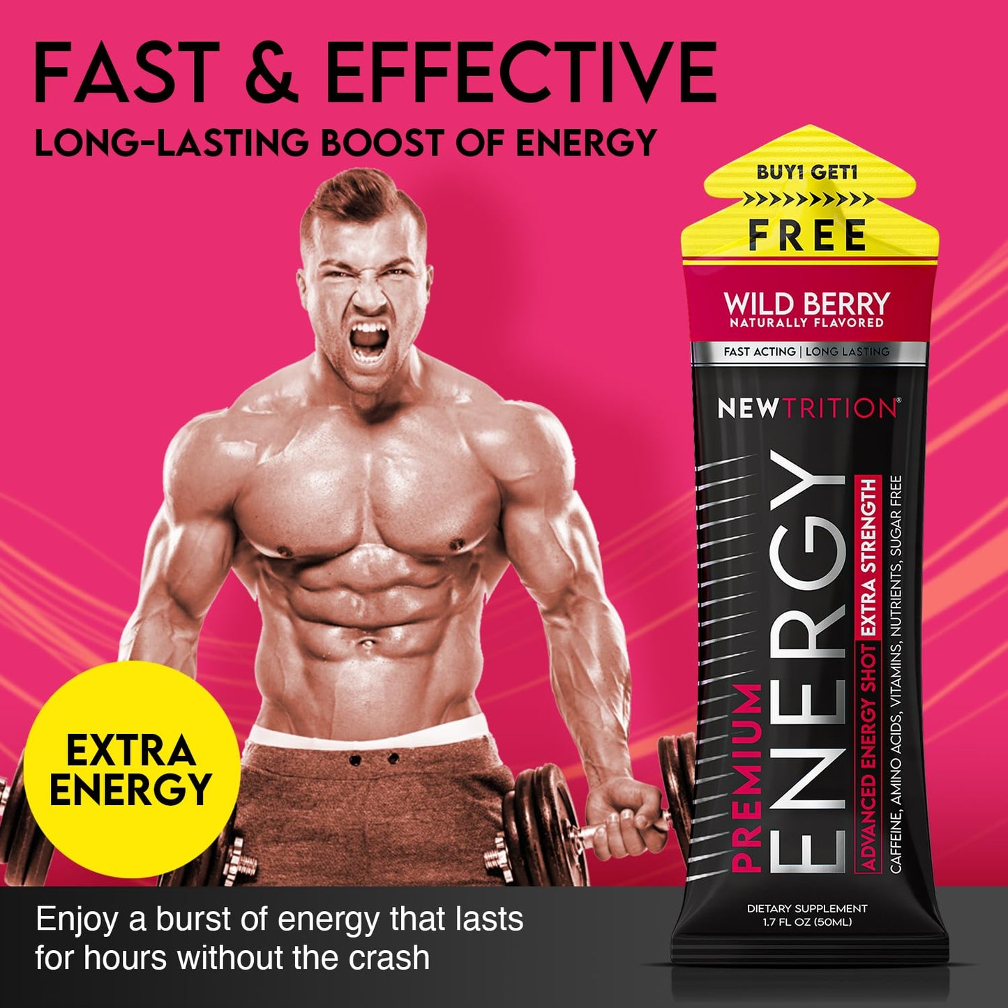 NewTrition® Extra Strength Energy Shots, 250mg Caffeine Energy Shots with Vitamin B & Amino Acids, Sugar-Free Vitamin Energy Shot, 1.7 fl oz (Pack of 24, 4 Flavors-Mixed-1)
