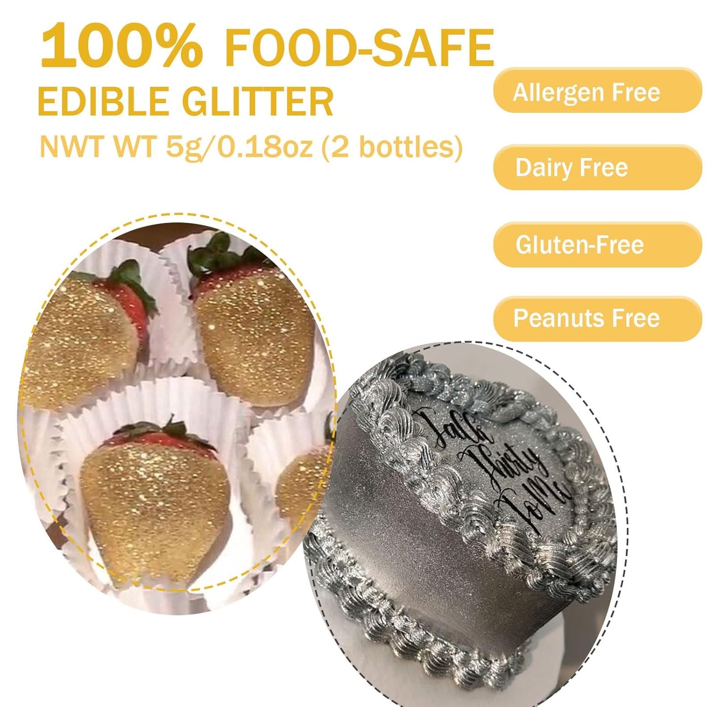 Gold Silver Edible Glitter Glimmer Powder for Cakes Drinks - Colaele 5 grams Food Grade Luster Dust Metallic Food Decorating Sprinkle Disco Brew Dust for Cake Decorations Wine Beverage Dessert, Vegan