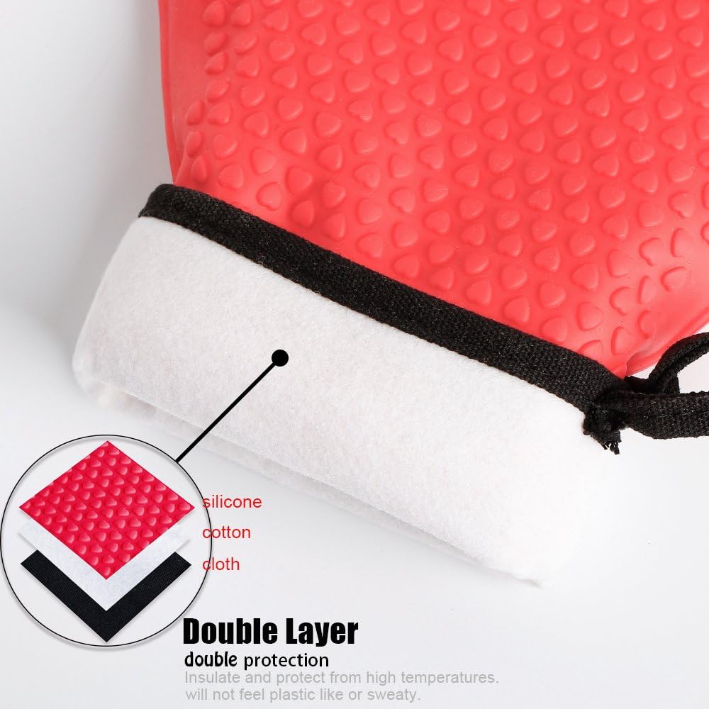 Kitchen Oven Gloves - Dual-Layer Heat Resistant Grilling Gloves, Silicone Oven Mitts with 5 Fingers, Waterproof Non-Slip Pot Holder for Barbecue, Cooking, Baking (XL-XXXL, Red Long)