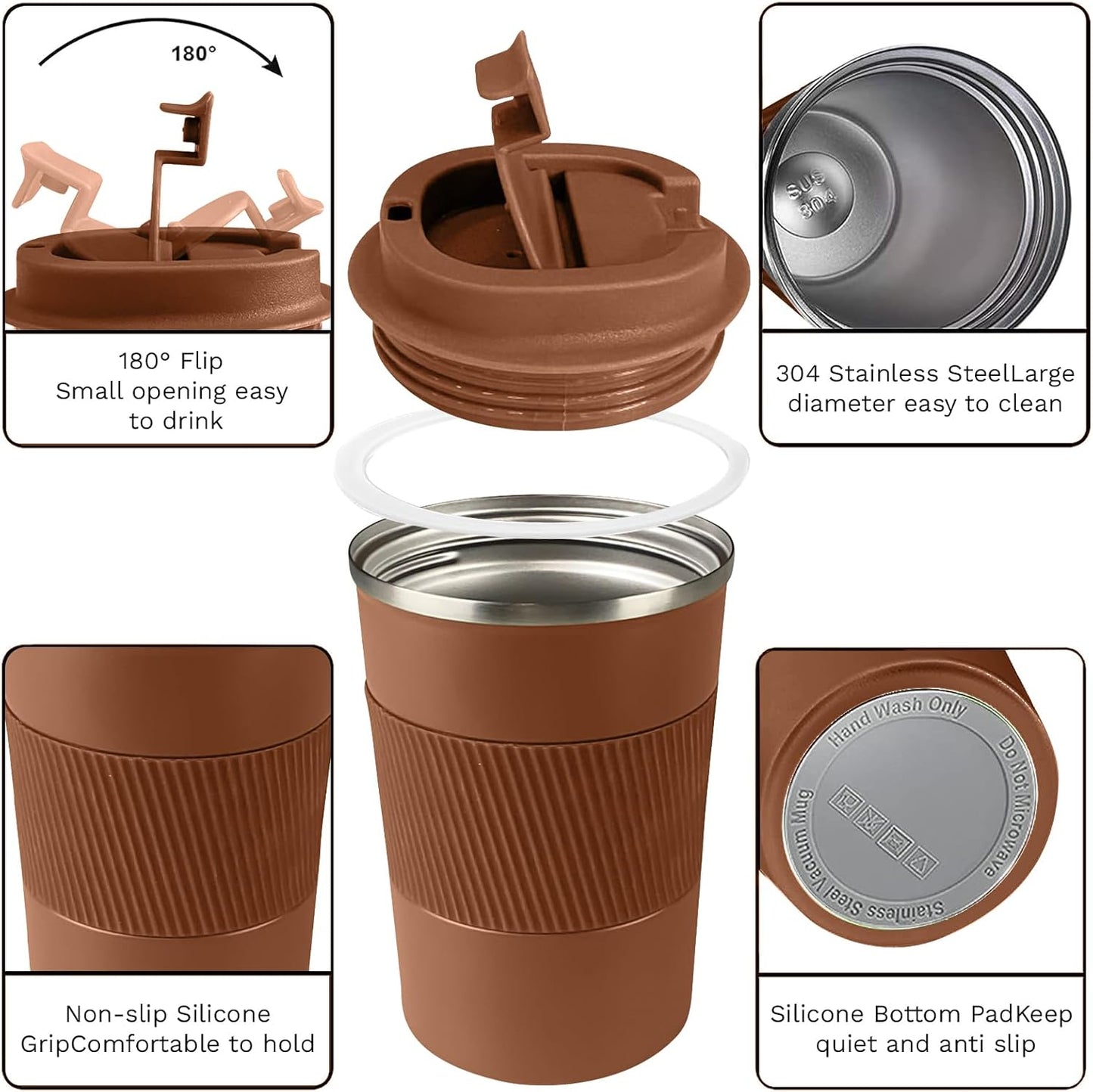 YINBAOGE Insulated Travel Coffee Mug Spill Proof Leak Proof Pobtable To Go Camping Stainless Steel Coffee Tumbler Reusable Coffee Cups with Lids Thermos for Hot and Cold Drink (Brown, 12 OZ)