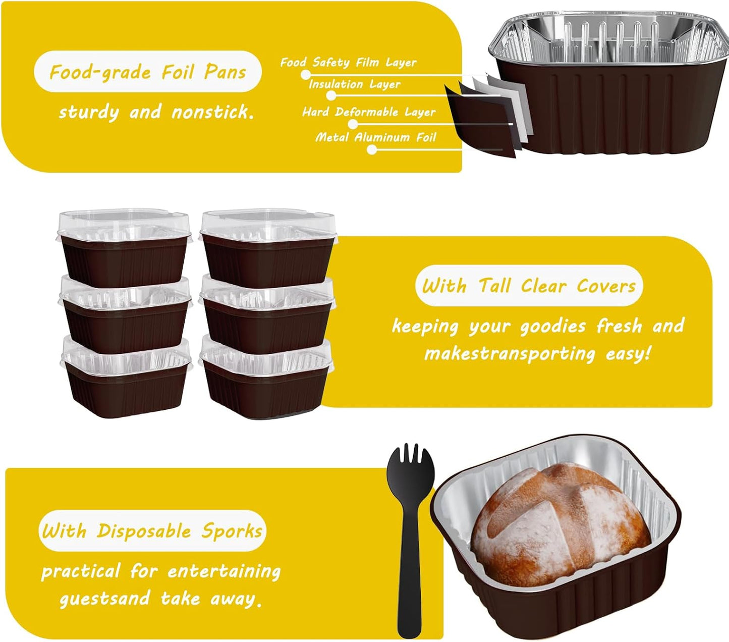 100 Pack Square Mini Cake Pans with Lids,Mini Loaf Pans with Lids,Aluminum Foil Baking Cups,Disposable Ramekins Cupcake Cups,Dessert Cups for Wedding Birthday Party Picnics,5oz (Coffee)