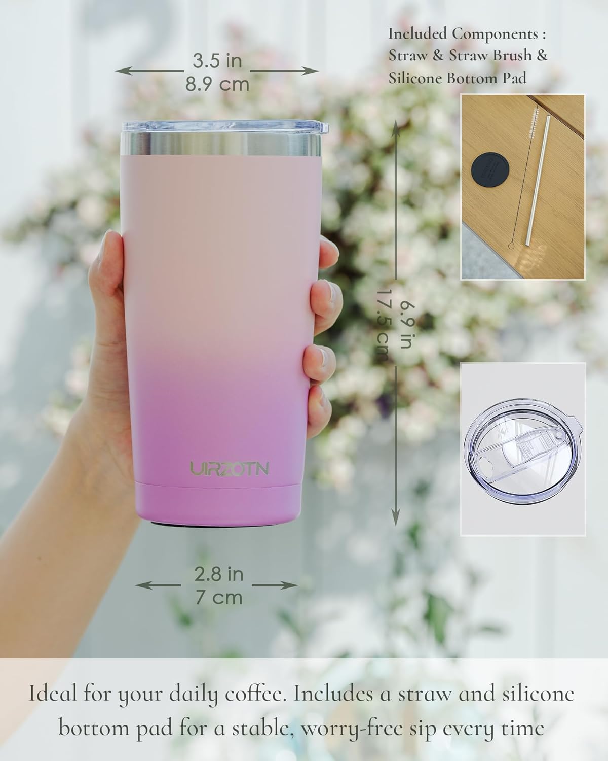 Travel Coffee Tumbler 20oz, Leakproof Travel Coffee Mug with Lid and Straw, Stainless Steel Double Wall Vacuum Insulated Tumbler for Hot/Iced Drinks (Textured Matte, Soft Pink-Lilac Pink Fade)