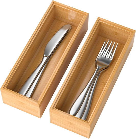 Bamboo Drawer Organizer – Set of 2 Stackable Storage Boxes, Silverware Tray & Small Gadget Holder for Kitchen Drawers, 9" x 3" x 2" (Outer), 8.3" x 2.3" x 1.77" (Inner)