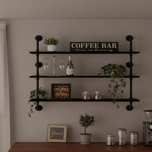 Industrial Pipe Shelving Rustic Black Wall Shelves with Wood Planks Industrial Floating Shelves 48 Inch Farmhouse Bookshelf Pipe Shelves Wall Mounted