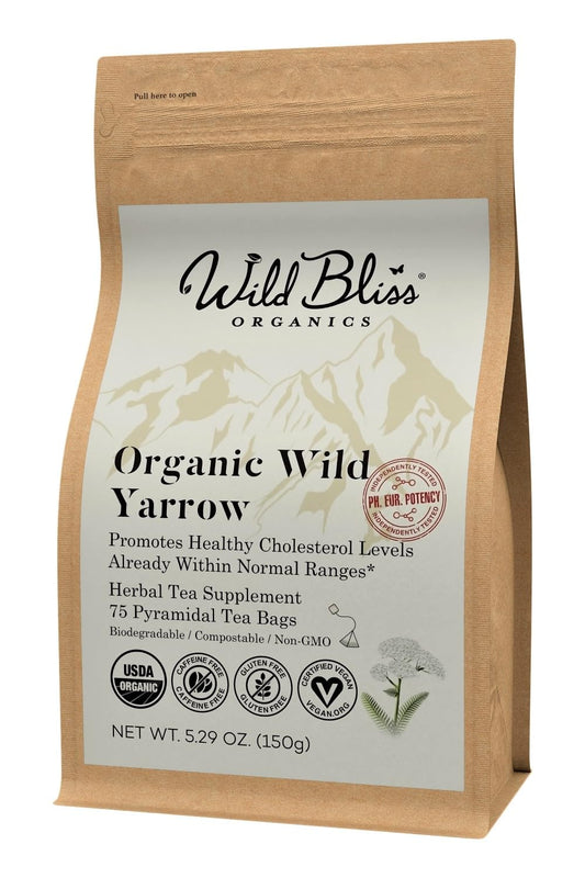 Organic Wild Yarrow Flower Herbal Tea - Caffeine Free - Pharmacopoeia Potency - 75 Plant Based Tea Bags