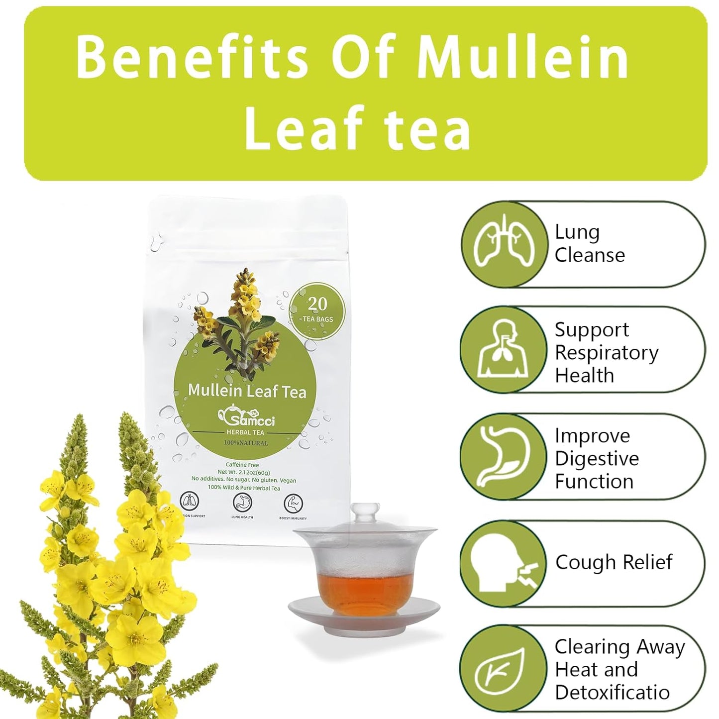Samcci - Mullein Tea Bags, 20 Teabags, 3g/bag, 100% Pure Mullein Tea Bags for Lungs Cleanse, Natural Herbal Tea Bags, Caffeine Free & No Additives Mullein Leaf Tea for Detox & Respiratory Support