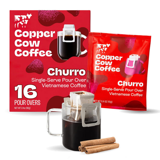 Copper Cow Premium Pour Over Single-Serve Vietnamese Coffee | Churro | Dark Roast | Flavored with Real Cinnamon | Includes 16 Coffees