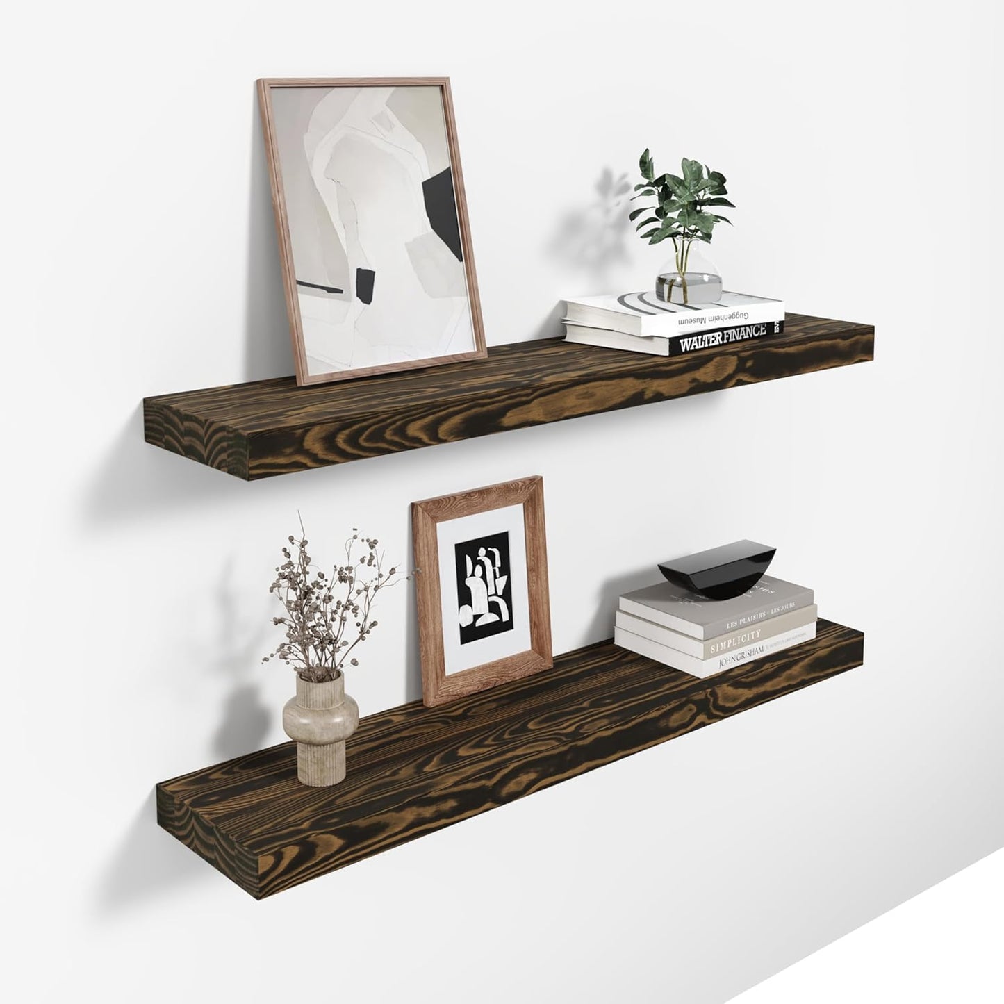 24'' Pine Wood Floating Shelves for Wall- Set of 2 - Rustic Wall Mounted Wooden Shelf for Stylish Home Décor (Dark Brown, 24x6.5x1.25), 2pcs
