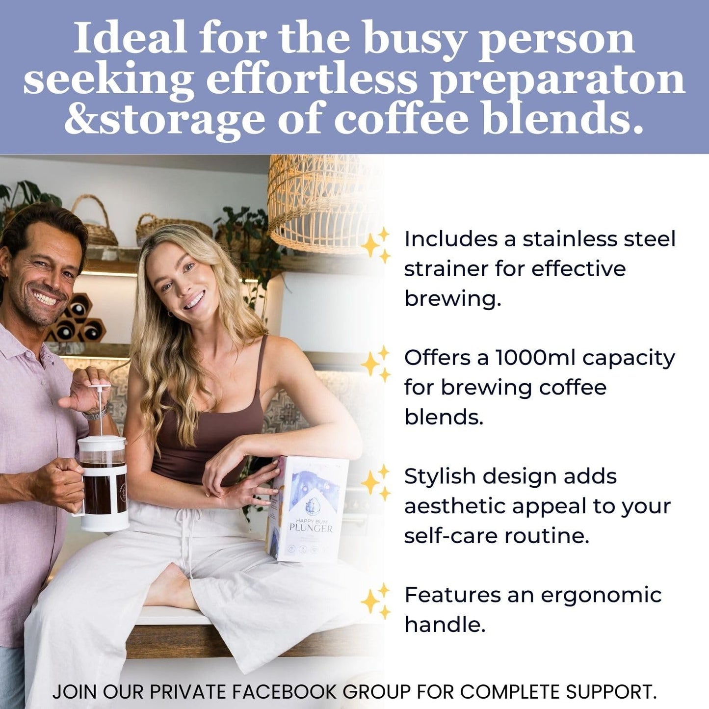 Happy Bum Coffee Plunger | 1 Liter(33.8oz) Glass French Press Stainless Steel Strainer | Easy to Use & Clean French Coffee Press Glass for Brewing and Storing Coffee Blend