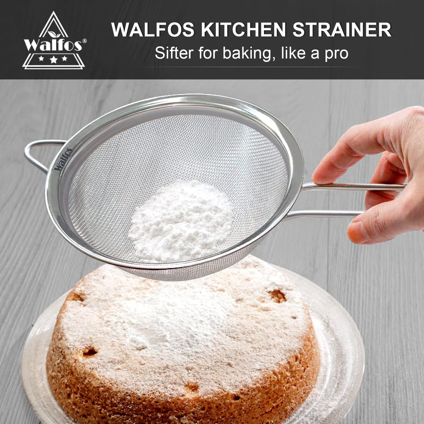 Walfos 6.3 Inch Fine Mesh Strainer, Premium Stainless Steel Sieve and Sifter with Handle, Kitchen Metal Strainers for Rice, Quinoa, Fruits, Noodles, Flour