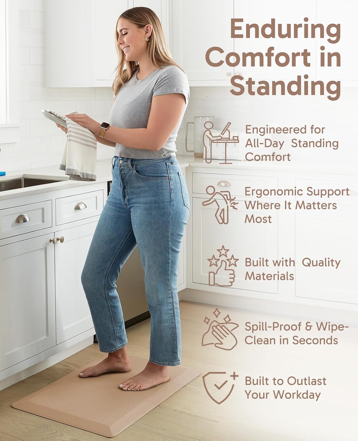 Ophanie Kitchen Mats for Floor, 3/4 Inch Thick Kitchen Rugs, 20'' x 48'' Anti Fatigue Standing Cushioned Mat, Waterproof,Comfort Ergonomic Mat for Office, Home, Sink, Beige Non-Slip Bottom