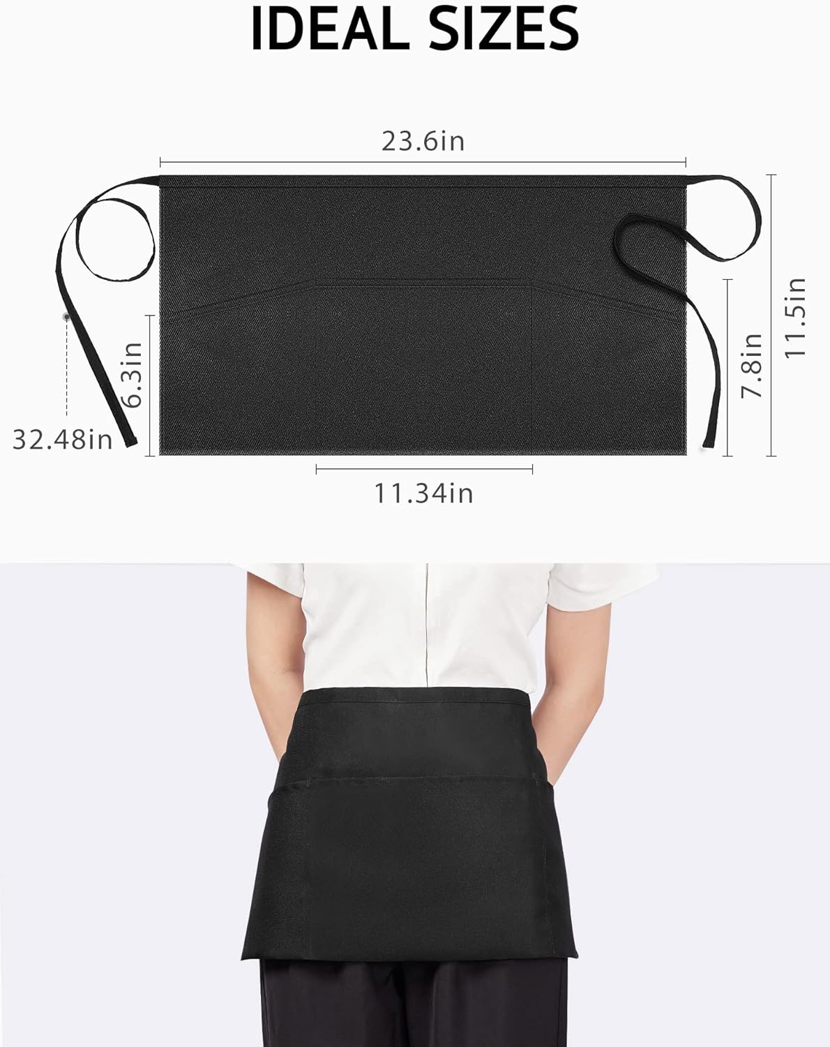 Syntus 3 Pack Server Aprons with 3 Pockets, 100% Cotton Waitress Waiter Waist Apron, 11.5-inch Black