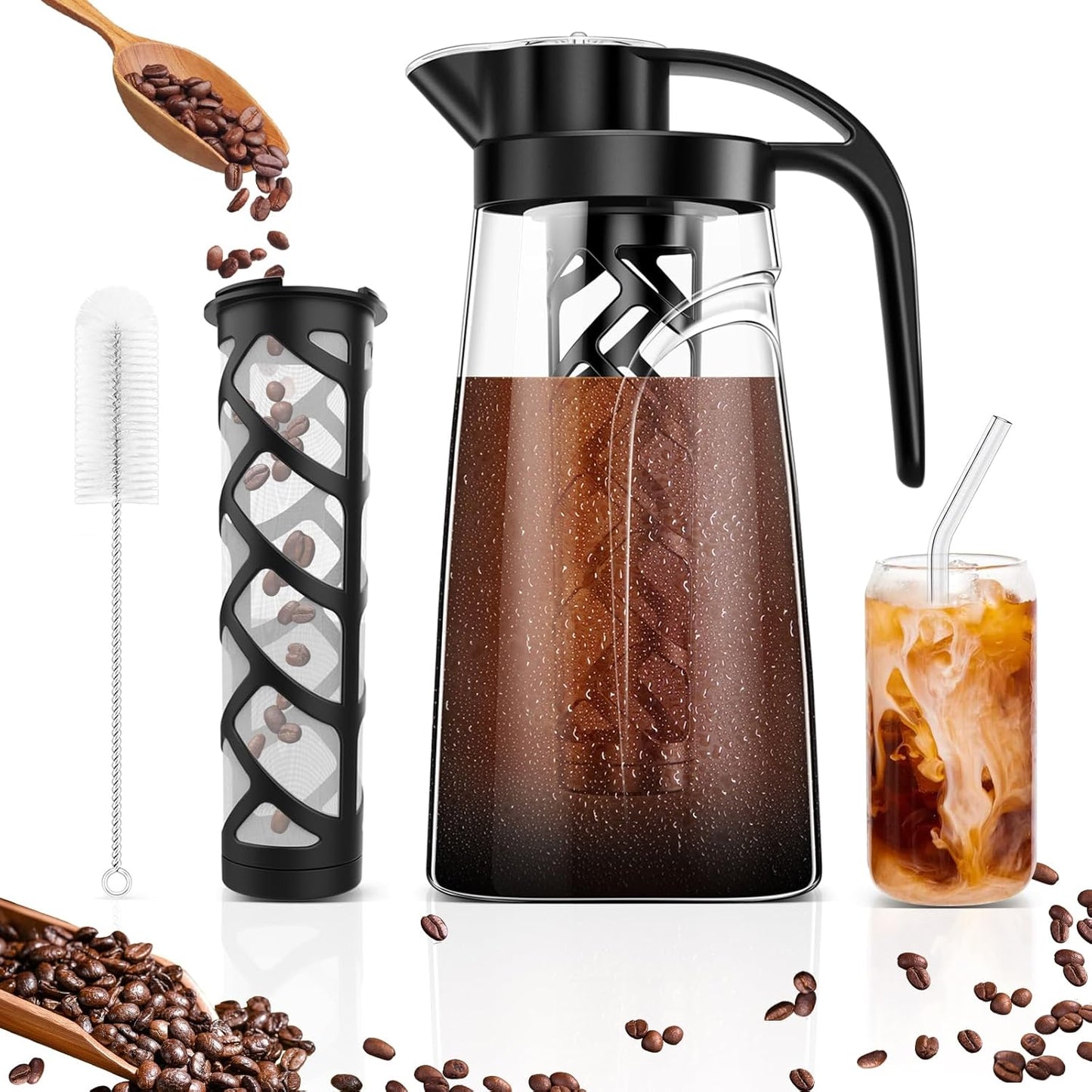 Cold Brew Coffee Maker, 70 oz (2100 ml) BPA Free Tritan Pitcher, Iced Coffee Maker and Tea Brewer, 100% Leak-Proof, Easy to Clean Reusable Mesh Filter, Black