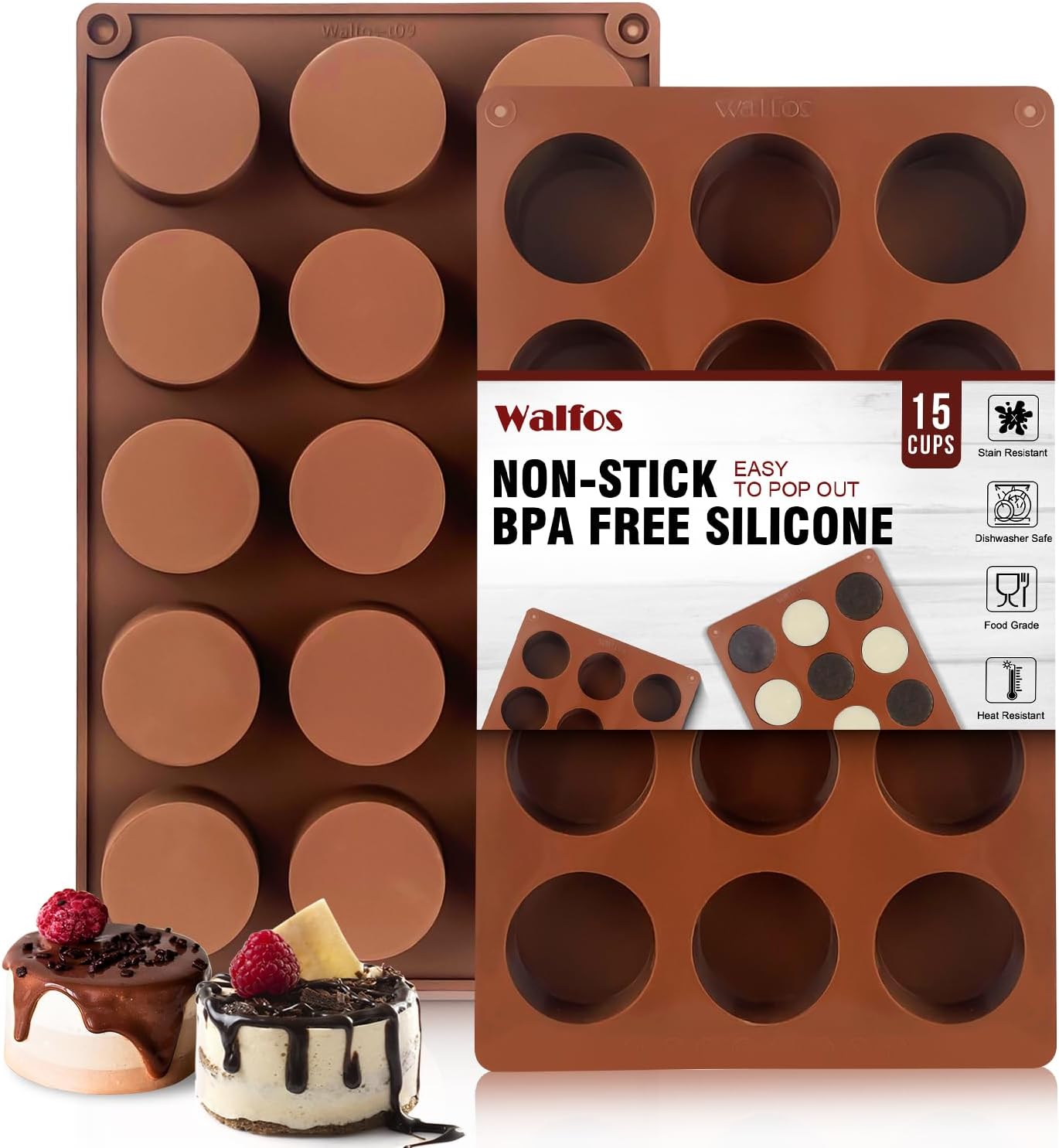 Silicone Fat Bomb Molds, Walfos Silicone Candy Mold, 15 Cavity Round Mold -Perfect for Keto Fat Bomb, Jelly, Dark Chocolate, Mini Peanut Butter Cup, 2 Packs