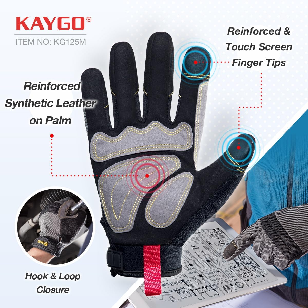 KAYGO Work Gloves For Men, KG125M Mechanic Utility Work Gloves for All Purpose, Excellent Grip, Heavy Duty, Improved Dexterity, Touch Screen,X-Large,3 Pair