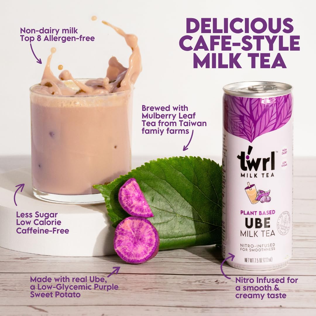 Twrl Milk Tea - Ube Milk Tea Made with Plant-Based Milk, Caffeine-Free, Low Sugar, Organic, Antioxidant-Rich and Nitro-Infused for Smooth Taste - 7.5 Ounce, Pack of 12