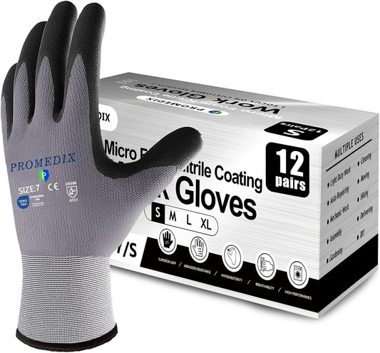 PROMEDIX P Nitrile Coated Work Gloves,MicroFoam Safety Work Gloves Men,Seamless Knit Nylon&spandex Gloves with Grip