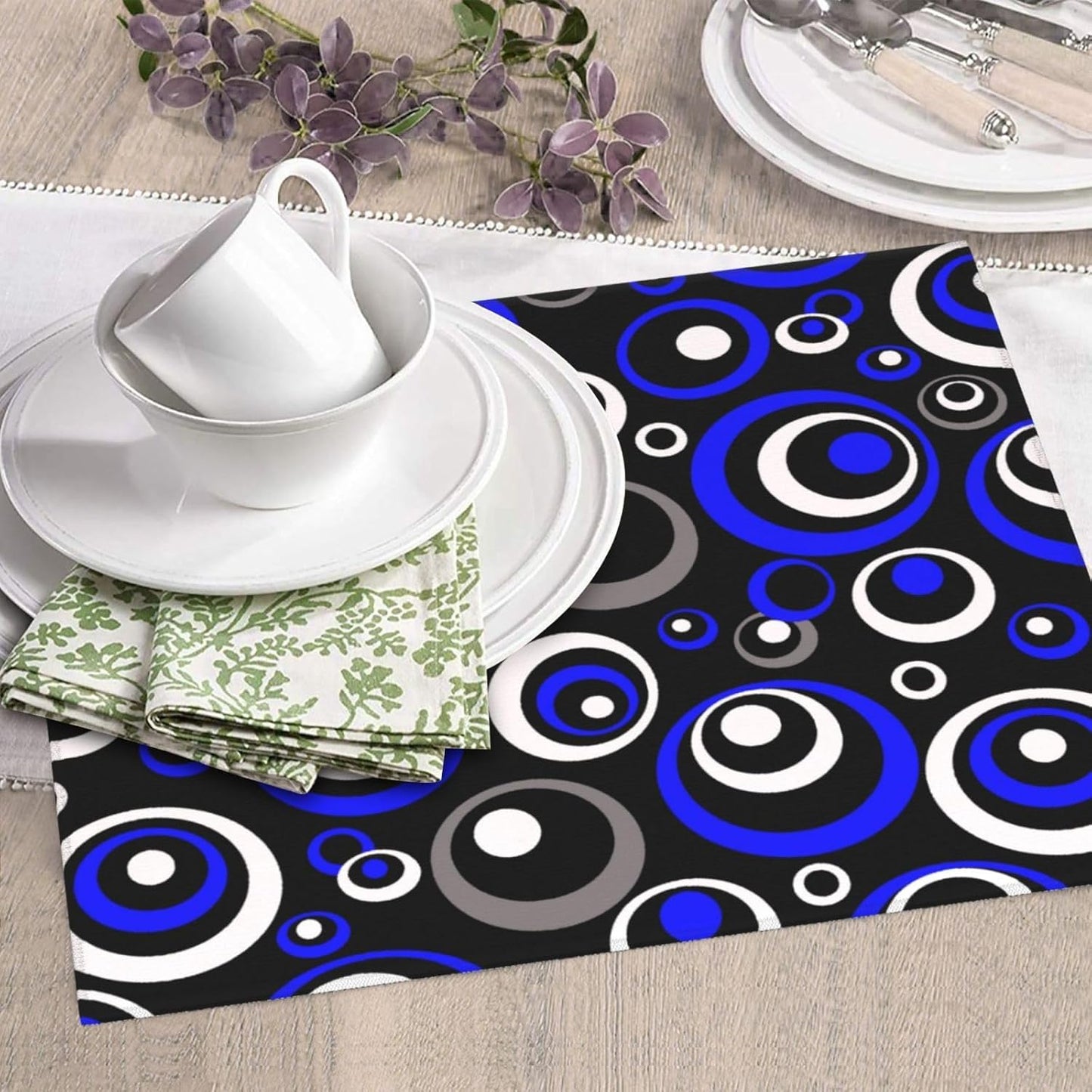 Blue Black White Geometric Circle Dish Drying Mat for Kitchen Counter, 16" x 18" Absorbent Microfiber Drying Pad for Dishes, Modern Decor Kitchen Mat, Foldable, for Sink, Dining Area, Small Appliances