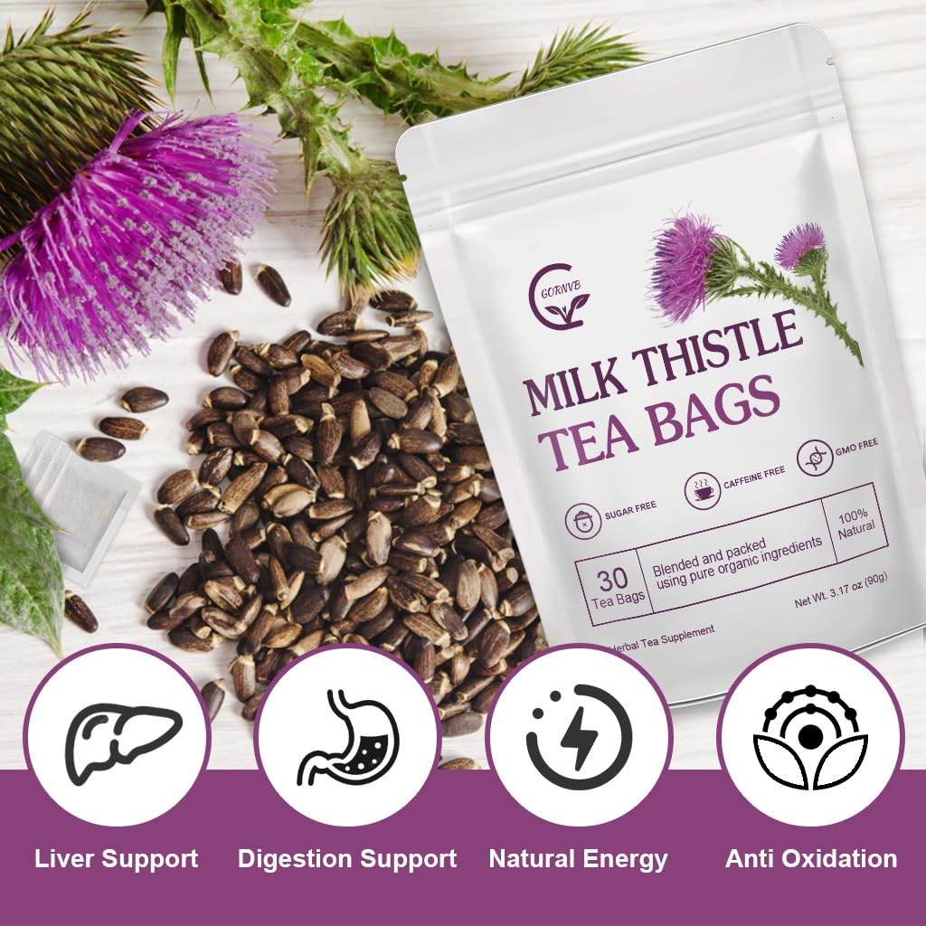 Organic Milk Thistle Tea Bags, Liver Support Herbal Tea, Caffeine Free, 30 Tea Bags